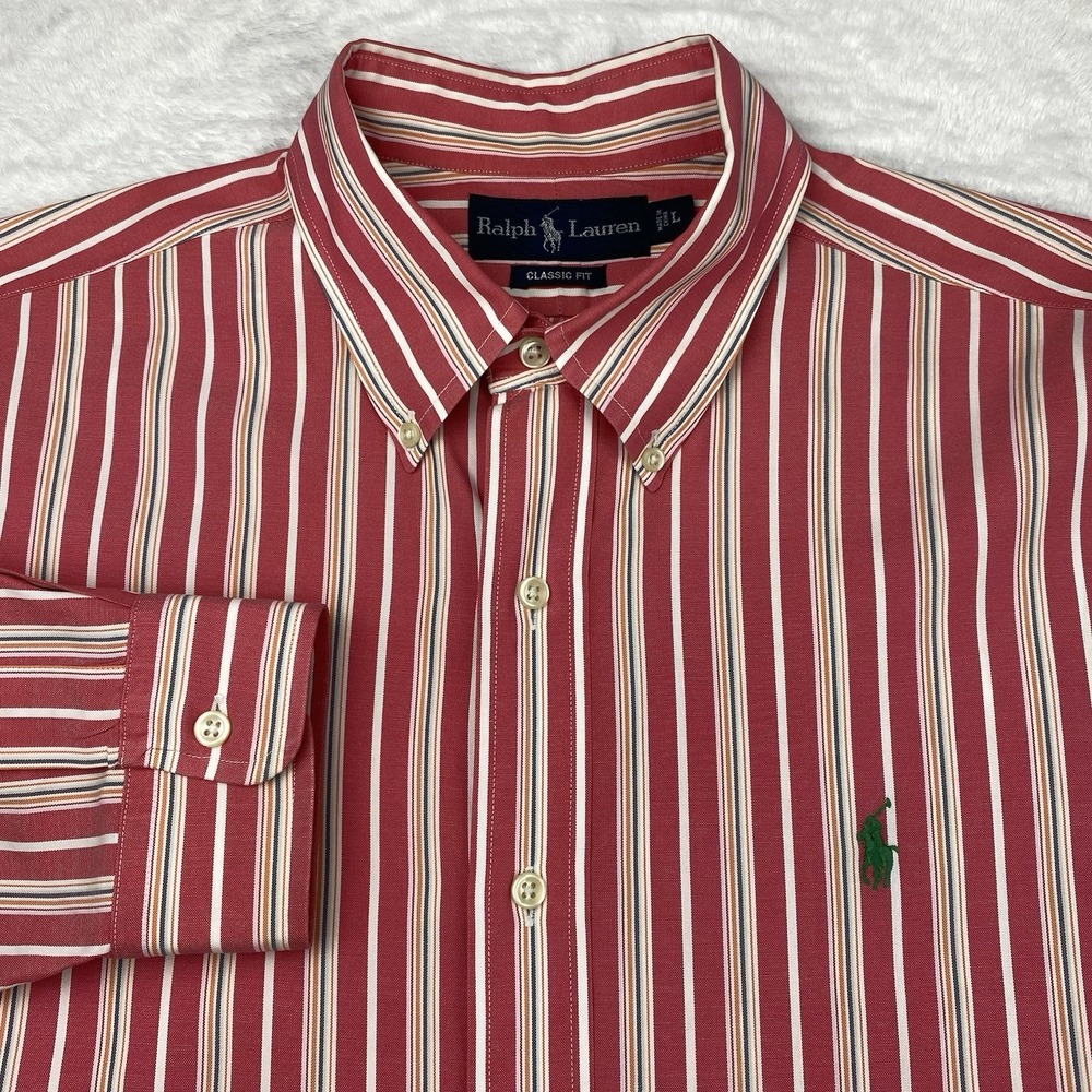 Ralph Lauren Men's Large Classic Fit Button Down Shirt Pink Green and White
